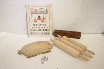 Home Kitchen Lot, Cross Stitch, Pig Shaped Cutting Board, Santa Cookie Cutter, 3 Rolling Pins, Knife Block