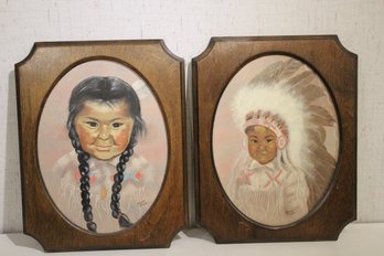 Vintage Framed Paintings Of Native American Children