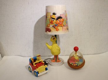 Vintage Sesame Street Lamp, Car Toy, Spinning Top Toy