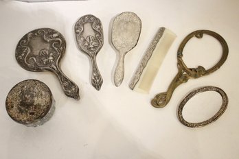 7 Piece Vanity Set, Brass, Silver Plated