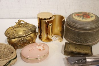 Opera Vanity With Revlon Snow Rose 141 Lipstick, 5 Vintage Trinket Holders, Make Up Brush, Pill Cutter