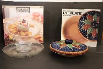 A Vintage Covered Pie Dish, A Corning Designs Glass Chips Tray