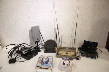 Assorted Converter Boxes, Vintage Antenna's, 3 Alarm Clock Radios