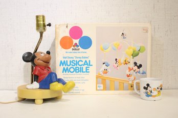 Vintage Mickey Mouse Lamp, Plastic Mug, Disney Babies Musical Mobile