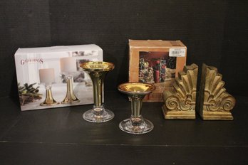 Elegant Gold Lot, Pair Of Art Deco Inspired Bookends, Pair Of Candle Holders