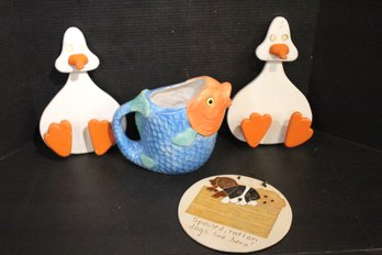 Wooden Duck Hooks, Enesco Fish Pitcher, Puppy Plaque