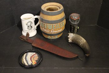 Larimer Square Collectable Stein, Neuweiler Beer Barrel, Leather Knife Holster, Native American Art
