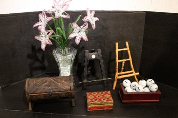 French Beaded Lily Flowers, 3 Trinket Chests, 2 Easels, Pier One Imports Letter Balls