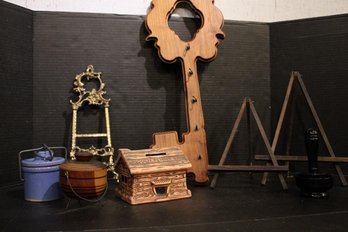 Mini Stoneware Crock, Mini Wood MCM Ice Bucket, Ceramic Cabin, 3 Easels, Skeleton Key Wall Hook