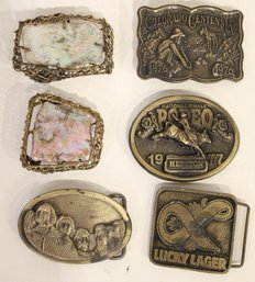 6 Large Belt Buckles, Abalone And Brass, 1977 NFR, Mount Rushmore, Lucky Lager