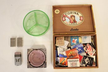 Cigar Box Full Of Vintage Matches, 2 Ashtrays, 2 Cigarette Holders, 1 Butterfly Lighter