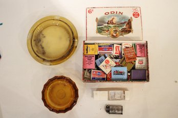Cigar Box Full Of Vintage Matches, Vintage Camel Lighter, 2 Glass Ashtrays