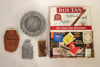 Cigar Box Full Of Vintage Matches, Baronet Leather Coin Purse, Ronson Mastercase Cigarette Case, Lighter