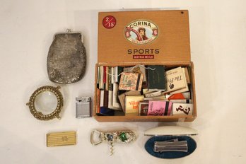 Cigar Box Full Of Vintage Matches, 3 Vintage Lighters, 1 Metal Coin Purse, 1 Bottle Opener