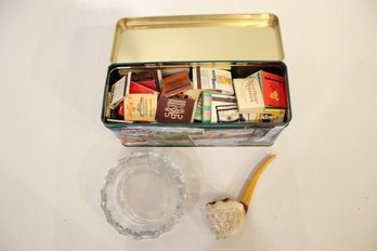 Meerschaum Pipe, Vintage Matches, Glass Ashtray