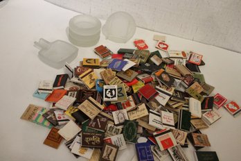 5 Frosted Glass Ashtrays, Pile Of Vintage Matches
