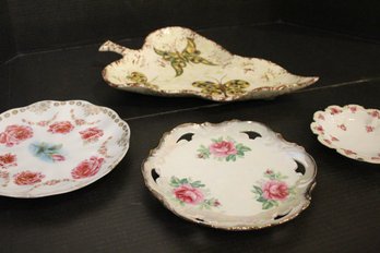 4 Vintage Hand Painted Gold Leaf Dishes, 1 Leaf Tray, 2 Pink Rose Plates, 1 Pink Rose Bowl