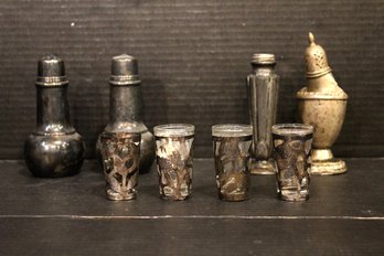 Vintage Mexican 925 Sterling Silver Overlay Shot Glasses, Metal Shakers