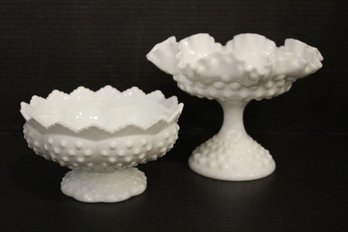 2 Vintage Fenton Hobnail Milk Glass Candle Holder, Candy Dish