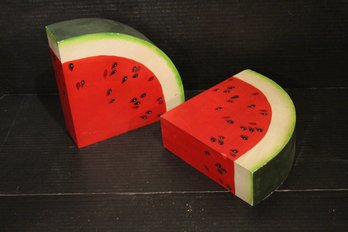 2 Vintage Hand-painted Wooden Watermelon Slices