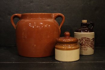 3 Stoneware Pots, Bean Pot, Col Ichabod Conk's