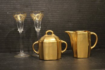 Vintage Candlestick Holders, Enamel Cream Sugar Dishes