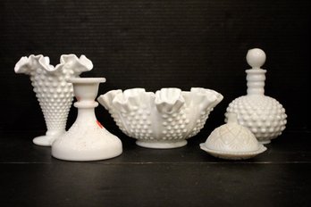 3 Vintage Fenton Milk Glass Hobnail, Thumbelina Butter Dish, Hobnail Candlestick Holder