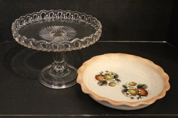2 Vintage Fancy Dessert Trays, 1 Crystal Dessert Stand, 1 Ceramic Pie Dish