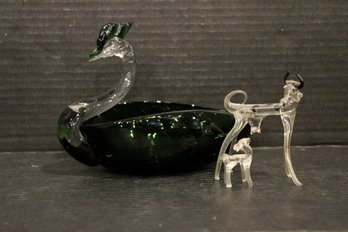 Vintage Japanese 'Best Art Glass' Green And Clear Glass Swan, Hand-blown Cow Figurine With A Calf