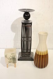 Zen Decor Lot, 1 Bamboo Candle Holder, 1 Ceramic Vase, 1 Bamboo Candle