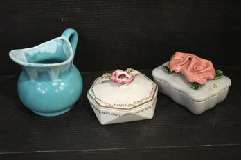 Ceramic Pitcher, 2 Rose Trinket Boxes
