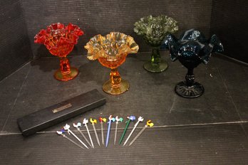 Fenton Glass Candy Dishes, Hand Blown Cocktail Picks