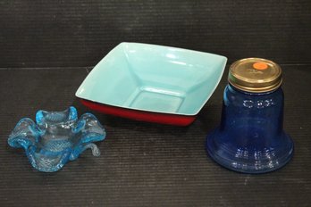 Vintage Blue Glass Shamrock Dish, Wheaton NJ Blue Glass Liberty Bell Bottle