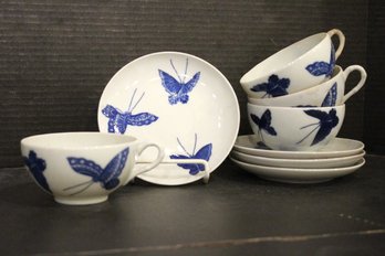 Porcelain Blue Butterfly Tea Cups, Saucers