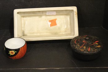 Vintage Set Of Three Ceramic Pieces, Lided Trinket Bowl, Hand Painted Small Bowl And A MCM Planter