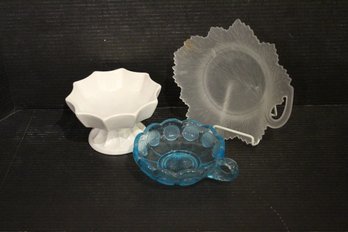 Vintage Hull White Candy Dish, Fostoria Coin Glass, Fenton Frosted Leaf Dish