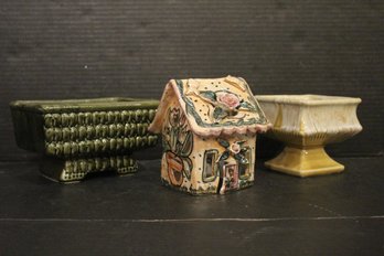 Vintage Planters And A Tealight Ceramic House Including A McCoy 3008 Series