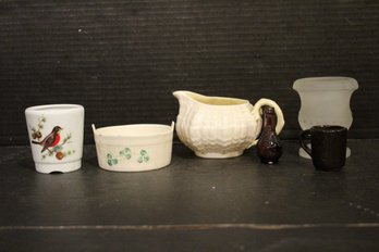 Mix Set Of Decor Items, Belleek Creamer And Ramican, Mini Bottle And Mug, Mini Frosted Vase And Bird Cup