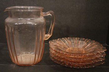 Vintage Pink Depression Glass Pitcher And 4 Bowls