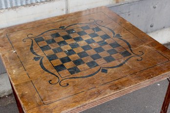 Antique Wooden Folding Game Table With Chess/Checkerboard Painted Tio