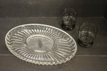 1 Glass Platter, 2 Smokey Glass Tumblers