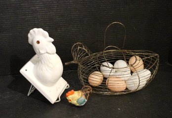 Vintage Ceramic Rooster Hook, Vintage Ceramic Chicken Shaker, Wire Basket For Eggs
