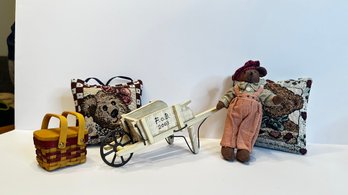 Vintage Boyds Bears Collectible Lot - Miniature Picnic Basket, Wheelbarrow, Plush Bear, And Tapestry Pillows