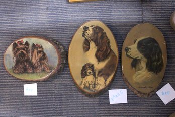 Vintage Dog Lithograph Prints Mounted On Oval Wood Plaques