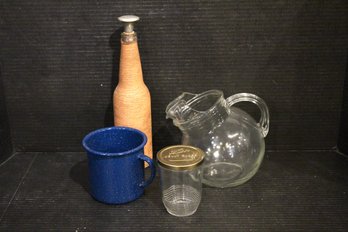 Native American Makah, Anchor Hocking Ball Pitcher, Enamelware Coffee Mug, Kerr Jelly Glass Jar