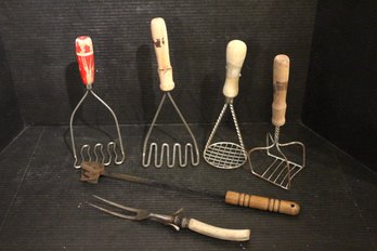 Vintage Kitchen Tools, Potato Mashers, Carving Fork, Branding Iron