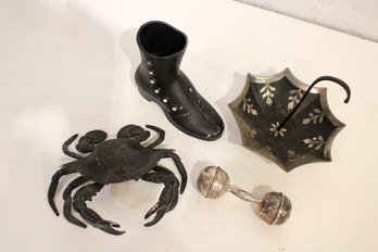 Vintage Cast Iron Crab, Boot, Umbrella Trinket Holder, Silver Plated Baby Rattle