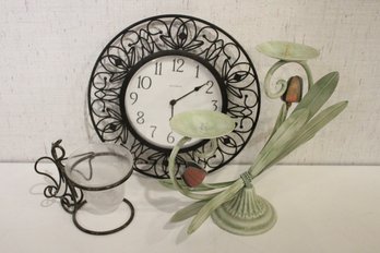 Metal Decor, 1 Clock, 1 Floral Candle Holder, 1 Angel Candle Holder
