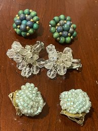 3 Pairs Of Beaded Vintage Clip On Earrings