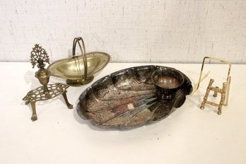 Antique Brass Surma Dani, Brass Basket, Silver Plated Tray, 2 Gold Toned Mini Easels